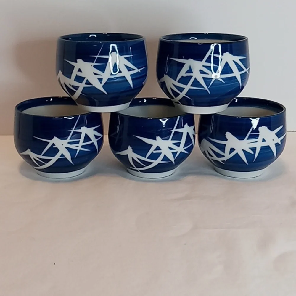 Mino Ware Pottery Blue & White Sakki / Tea Cup Set of 5 Made JAPAN